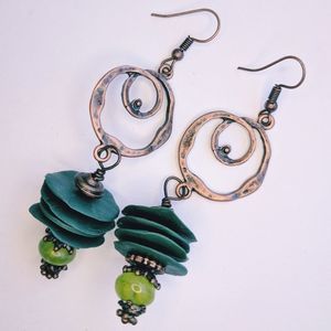 Funky green copper dangle tribal boho earrings